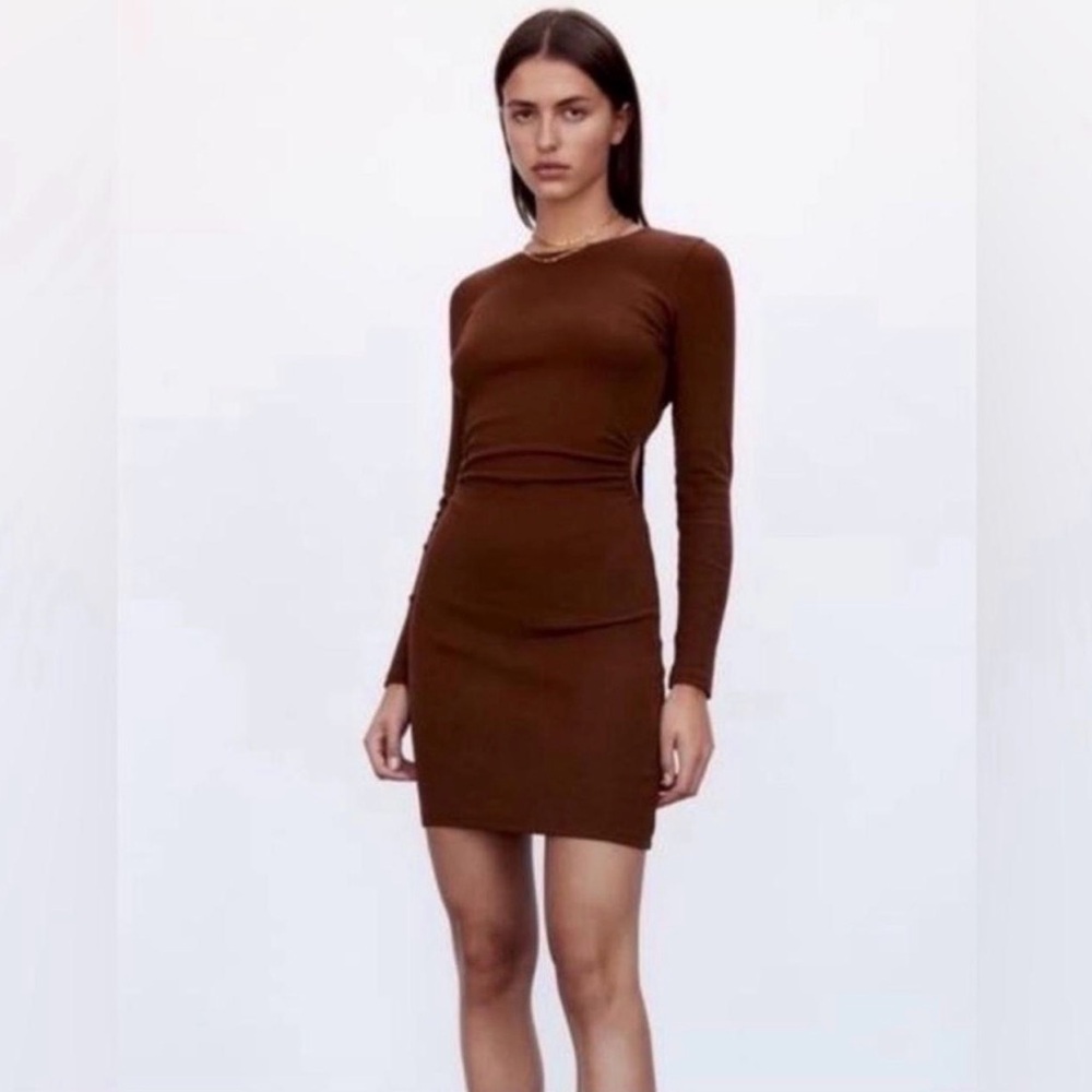 Zara Chocolate Brown Ribbed Cut Out Long Sleeve Mini Dress Minimalist Size M